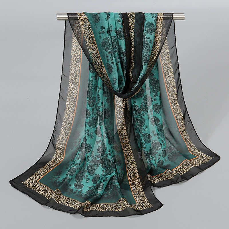 Vintage Chiffon Scarf Boho Floral Print Silk Shawl Outdoor Sunscreen Windproof