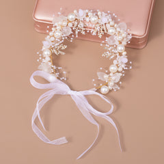 Pearl Floral Headband Golden Leaf Tiara Headgear