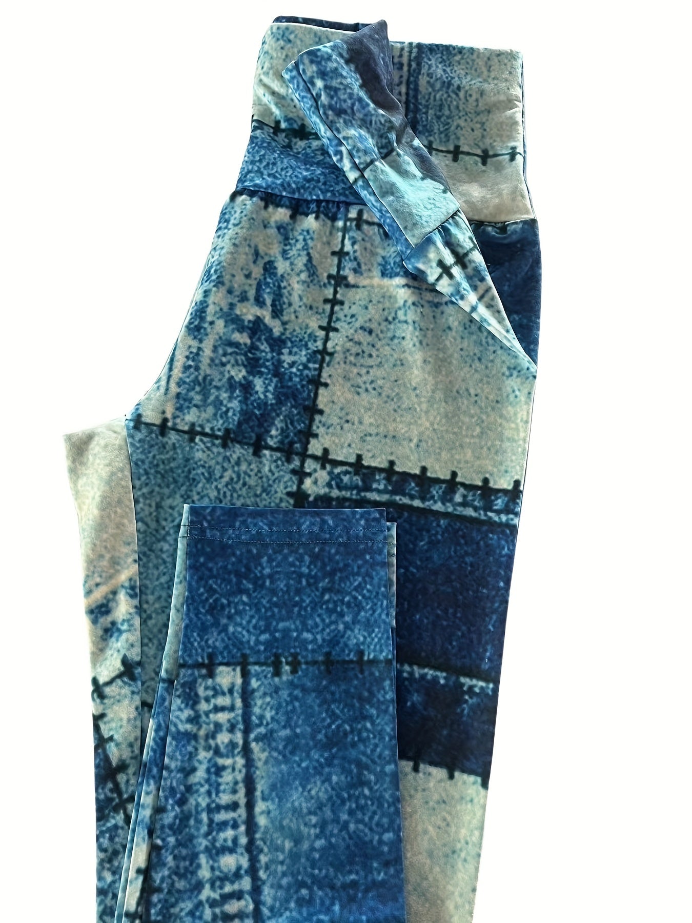  Colorblock Denim Print High Rise Leggings