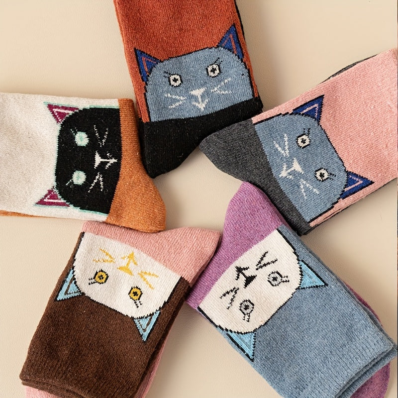 Cartoon Cat Print Socks Colorblock Women's Stockings