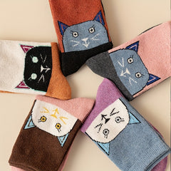 Cartoon Cat Print Socks Colorblock Women's Stockings