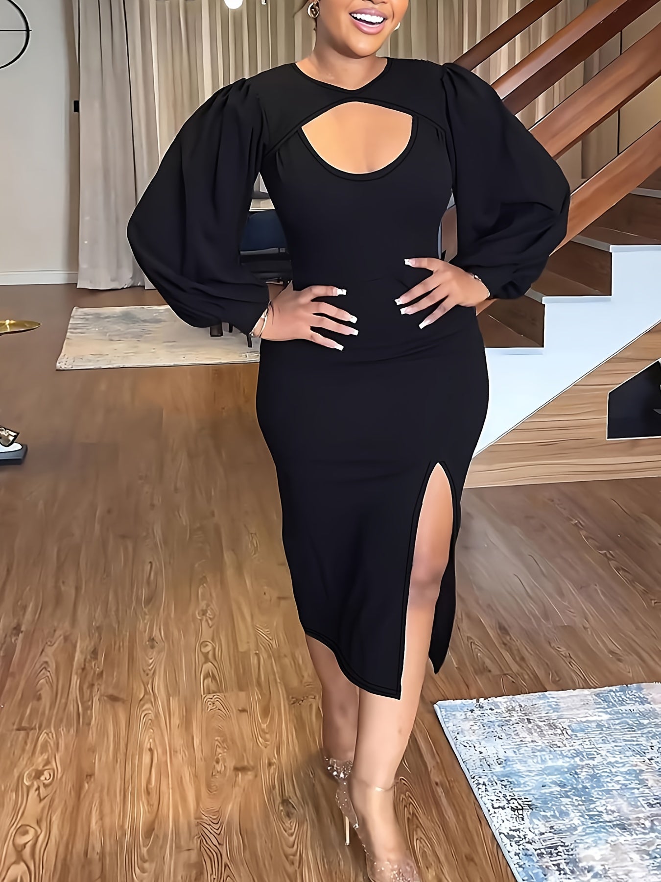  Sexy Dress Women's Plus Solid Lantern Sleeve Cut Out Round Neck Bodyco