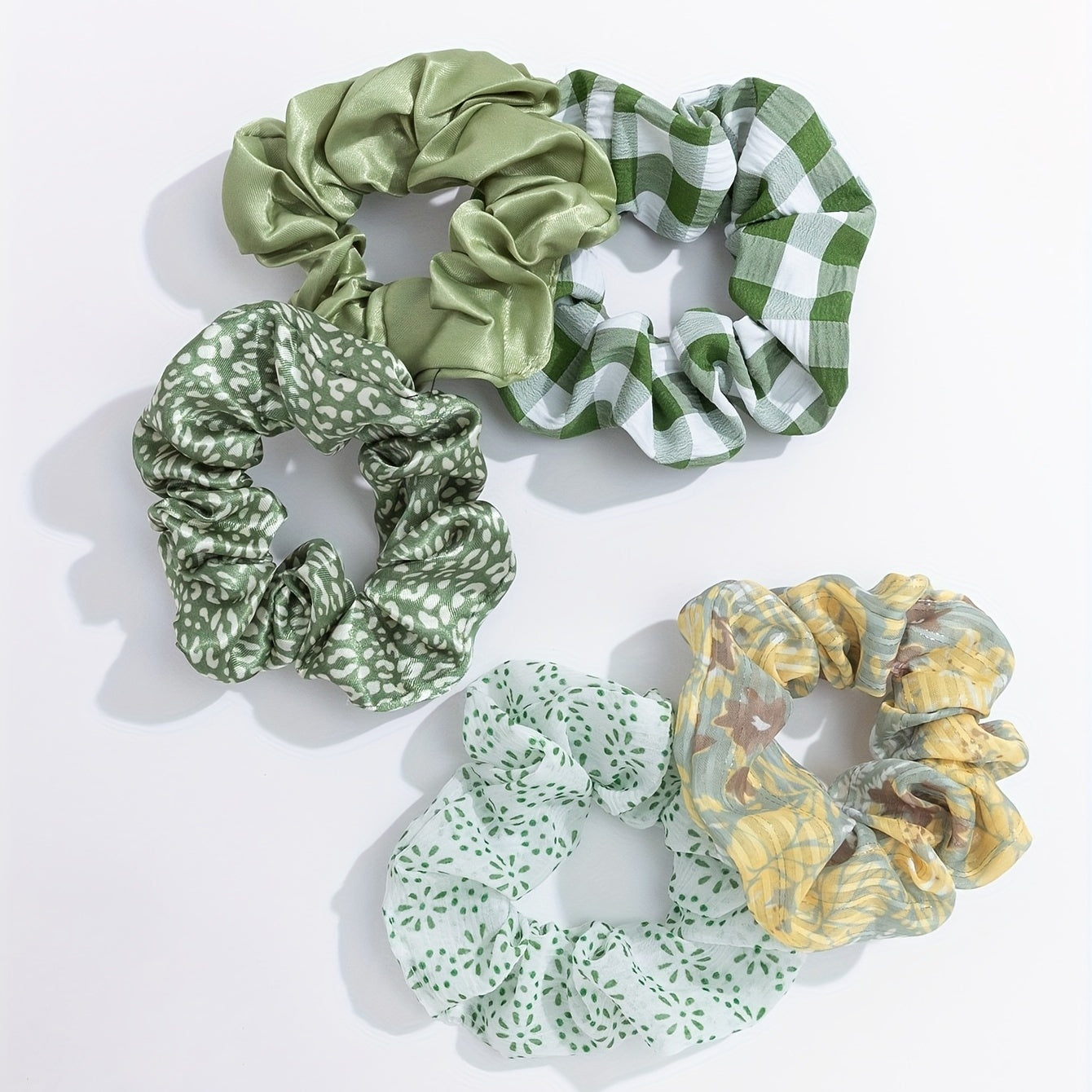 5pcs Plaid&Floral Print Scrunchie Hair Tie Green Hair Accessories