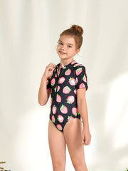 Girl's Strawberry Pattern Onesie Swimsuit Tankini Short Sleeve Bathing Suit