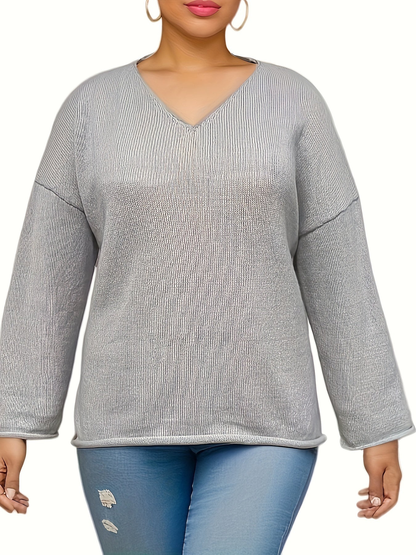  Solid V Neck Sweater Long Sleeve Pullover Jumper