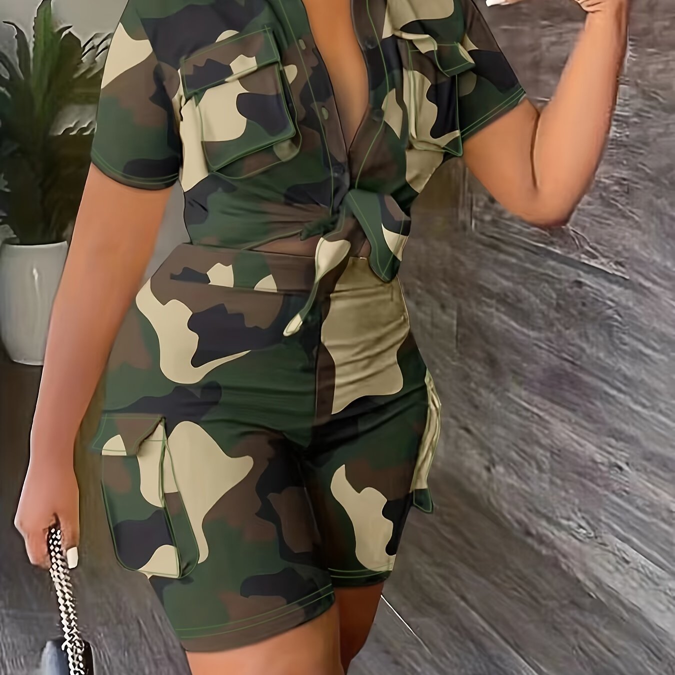  Camo Print Short Sleeve Crop Top & Shorts Set