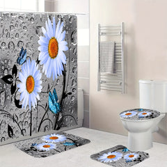 Non Slip Bathroom Rugs & Shower Curtain Set with Flower & Butterfly Pattern