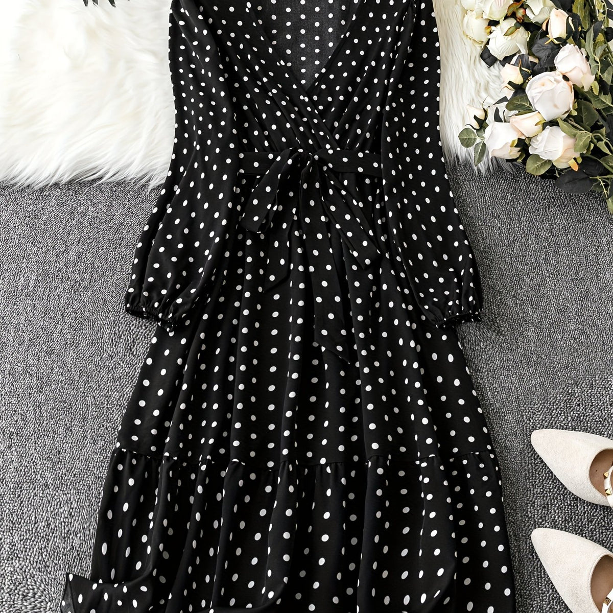  Polka Dot Long Sleeve Dress With Belt