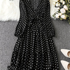  Polka Dot Long Sleeve Dress With Belt