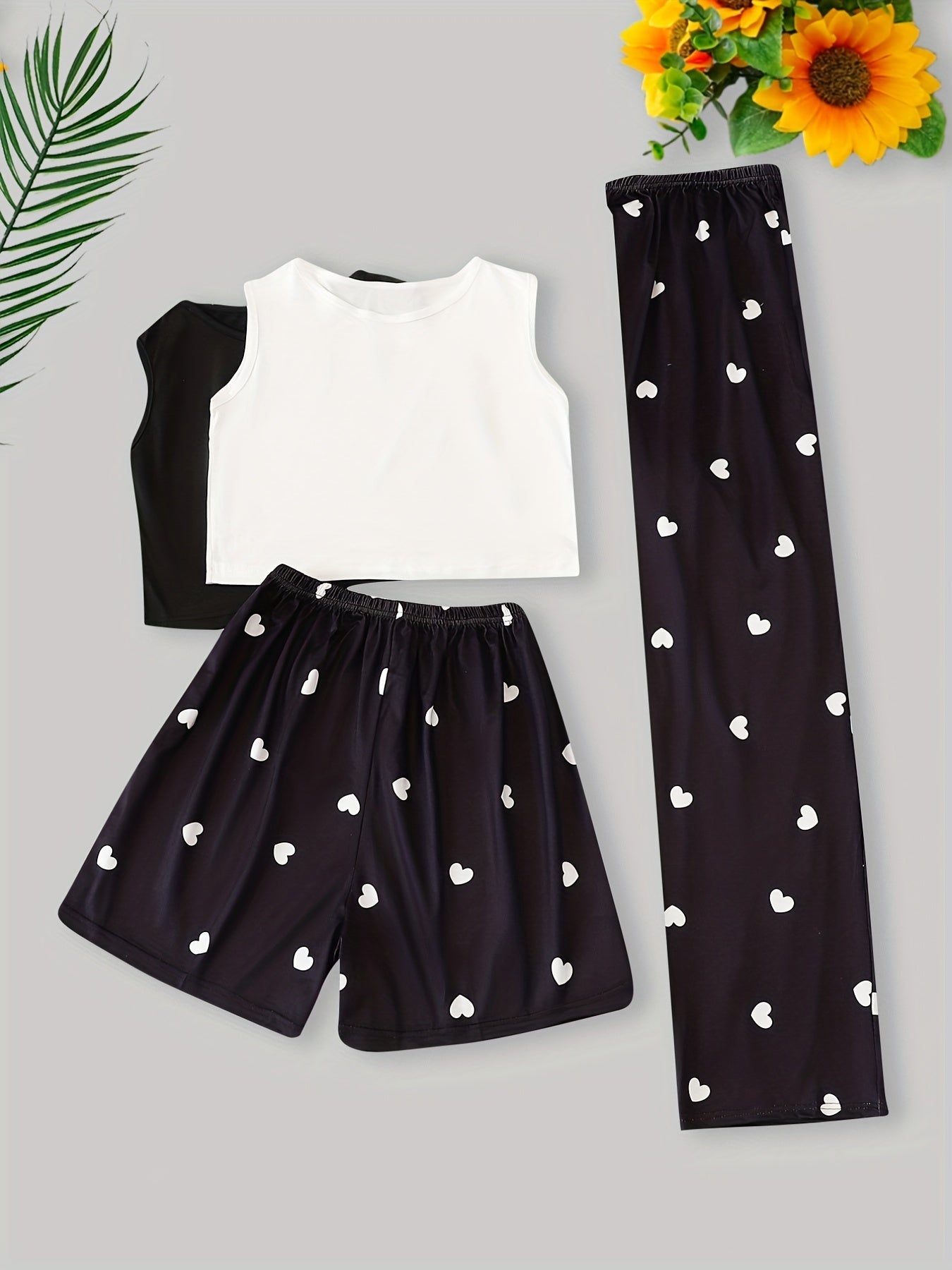 Heart Print Pajama Set Crew Neck Tank Tops & Shorts & Lounge Pants