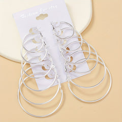 6 Pairs Silvery Big Circle Hoop Earrings Stainless Steel Silver Plated Jewelry
