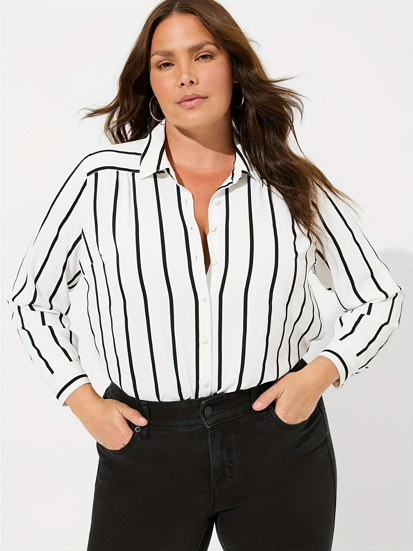  Stripe Print Button Up Long Sleeve Blouse