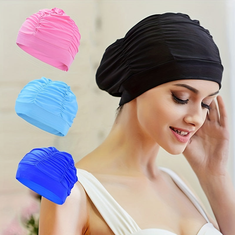 Ruched Solid Swim Cap Elastic Nylon Batch Cap for Women