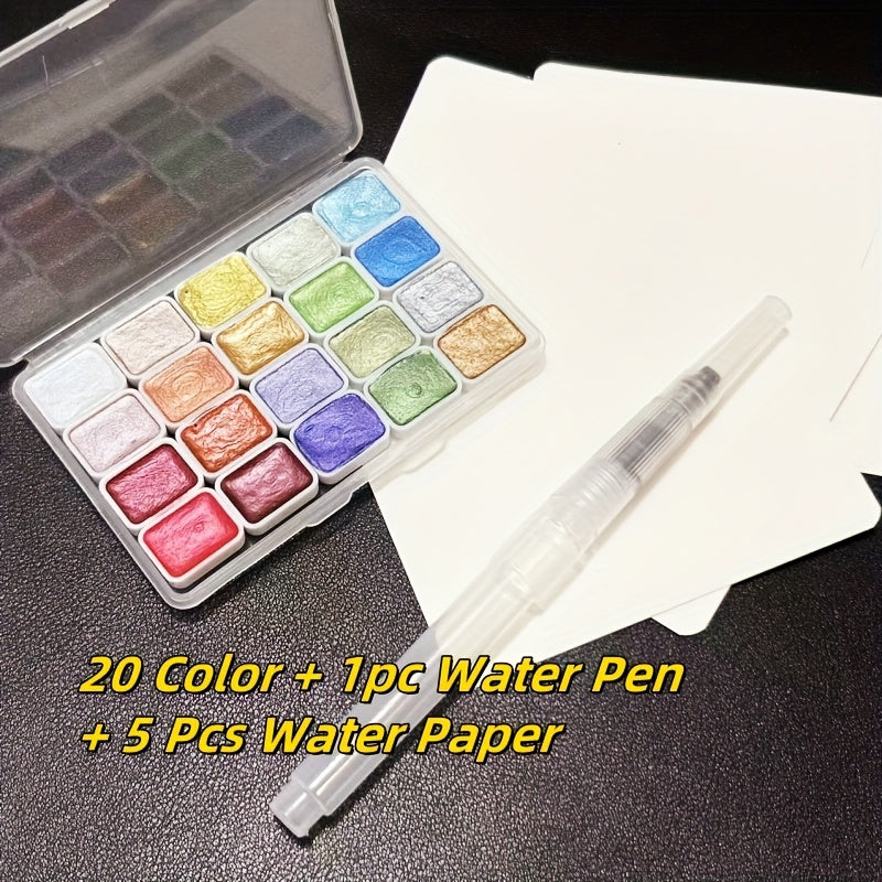 20 Colors Mini Watercolor Paint Set with Brush & Paper