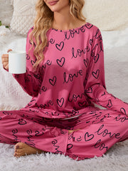 Heart Print Pajama Set Long Sleeve Crew Neck Top & Elastic Waistband Pants