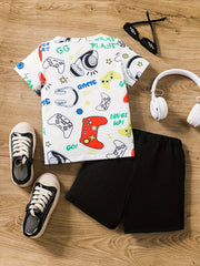 Boys Game Print Casual Outfit Round Neck T shirt & Shorts