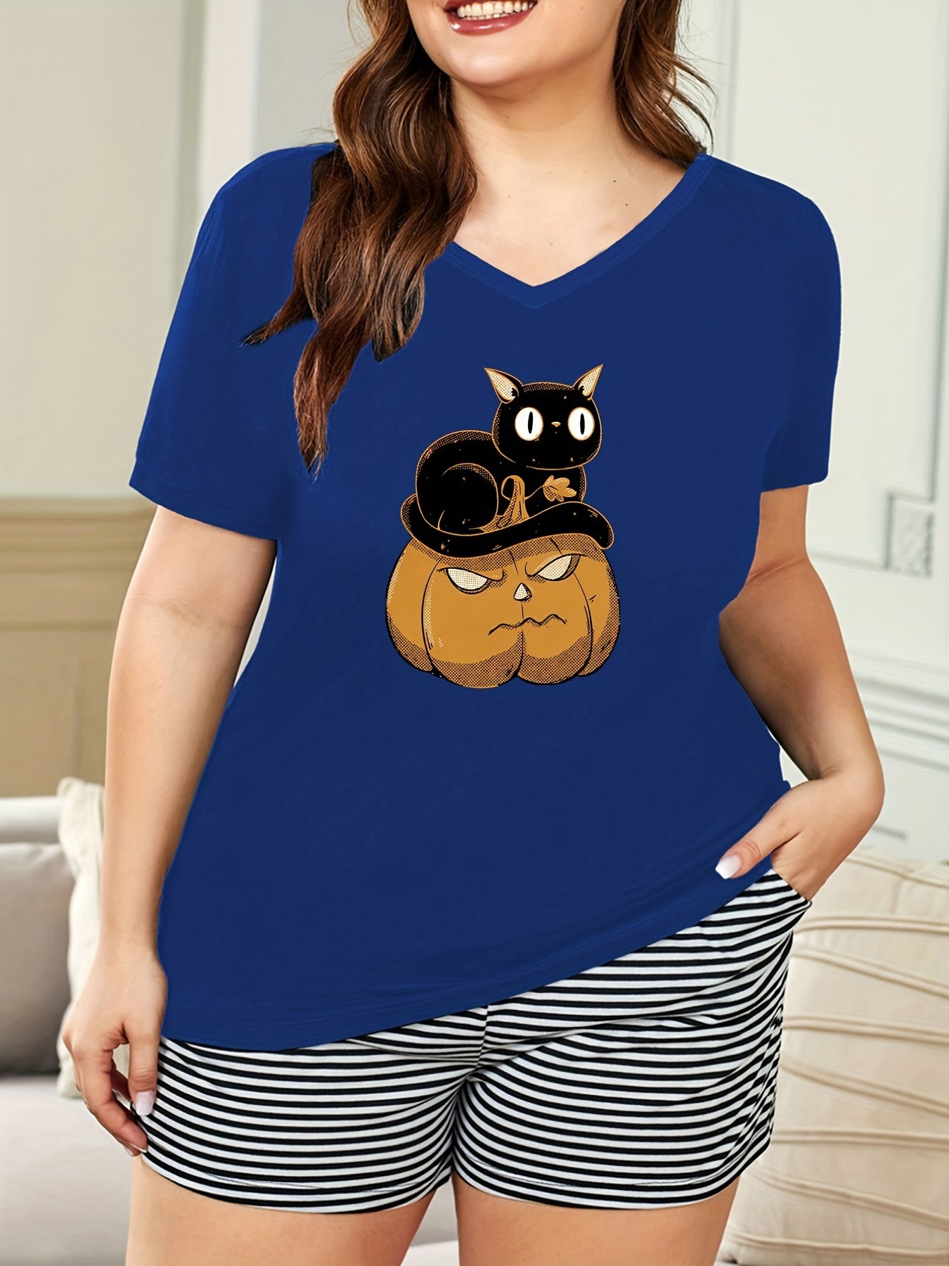  Halloween Lounge Top Women's Plus Cat & Pumpkin Print