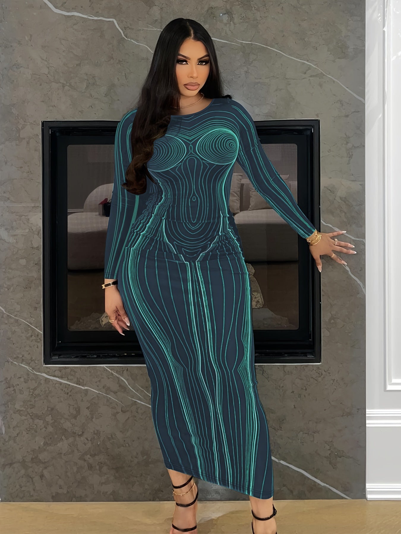  Sexy Stripe Print Long Sleeve Round Neck Maxi Dress