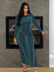  Sexy Stripe Print Long Sleeve Round Neck Maxi Dress