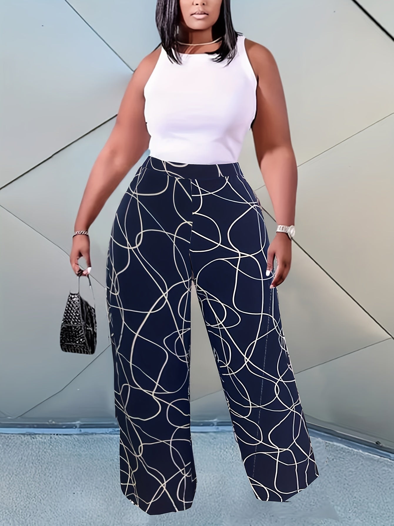  Abstract Stripe Print Wide Leg Trousers