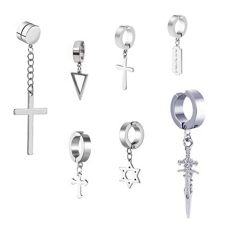 Men's Steel Jewelry Set Cross Ear Clip Fishbone Earrings