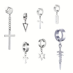 Men's Steel Jewelry Set Cross Ear Clip Fishbone Earrings