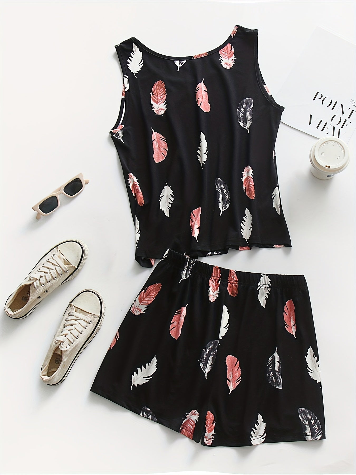 Women's Plus Feather Print Tank Top & Shorts Set