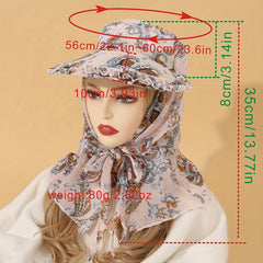 Wide Brim Floral Print Hat with Chiffon Scarf UV Protection Working Cap