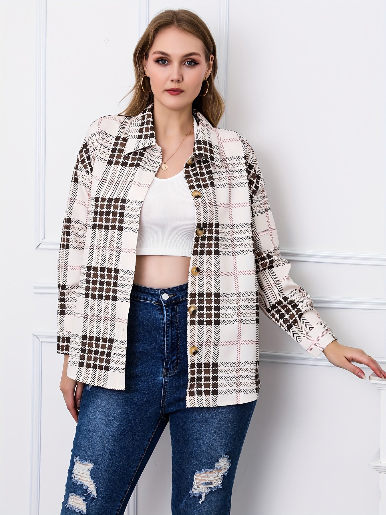  Casual Blouse Women's Plus Plaid Print Button Up Long Sleeve