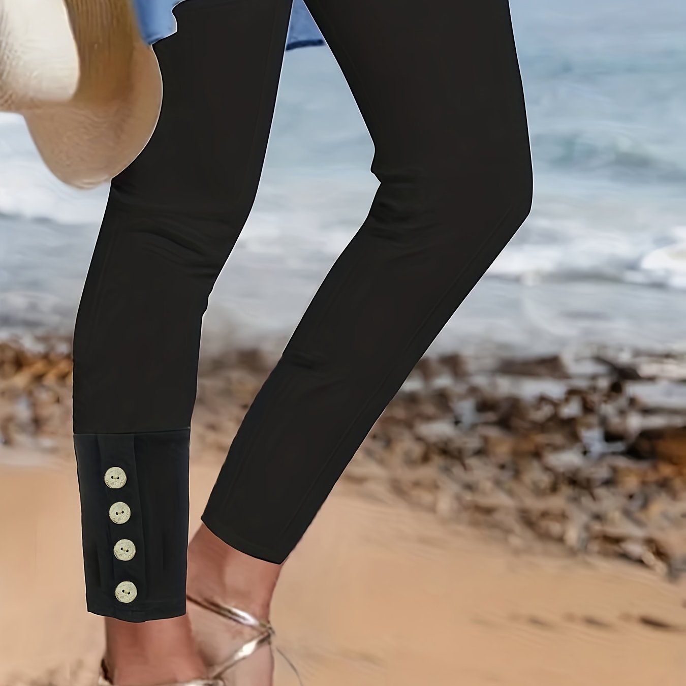  Casual Leggings Women's Plus Solid Button High Rise Leggings