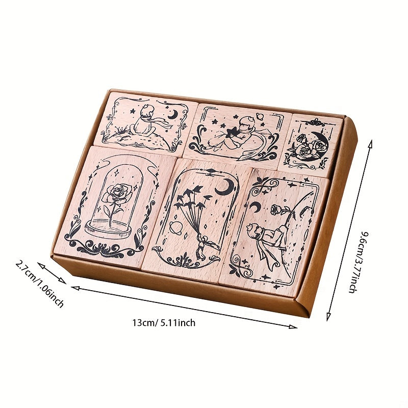 6pcs Wooden Seals Rose Prince DIY Decorative Printing Set