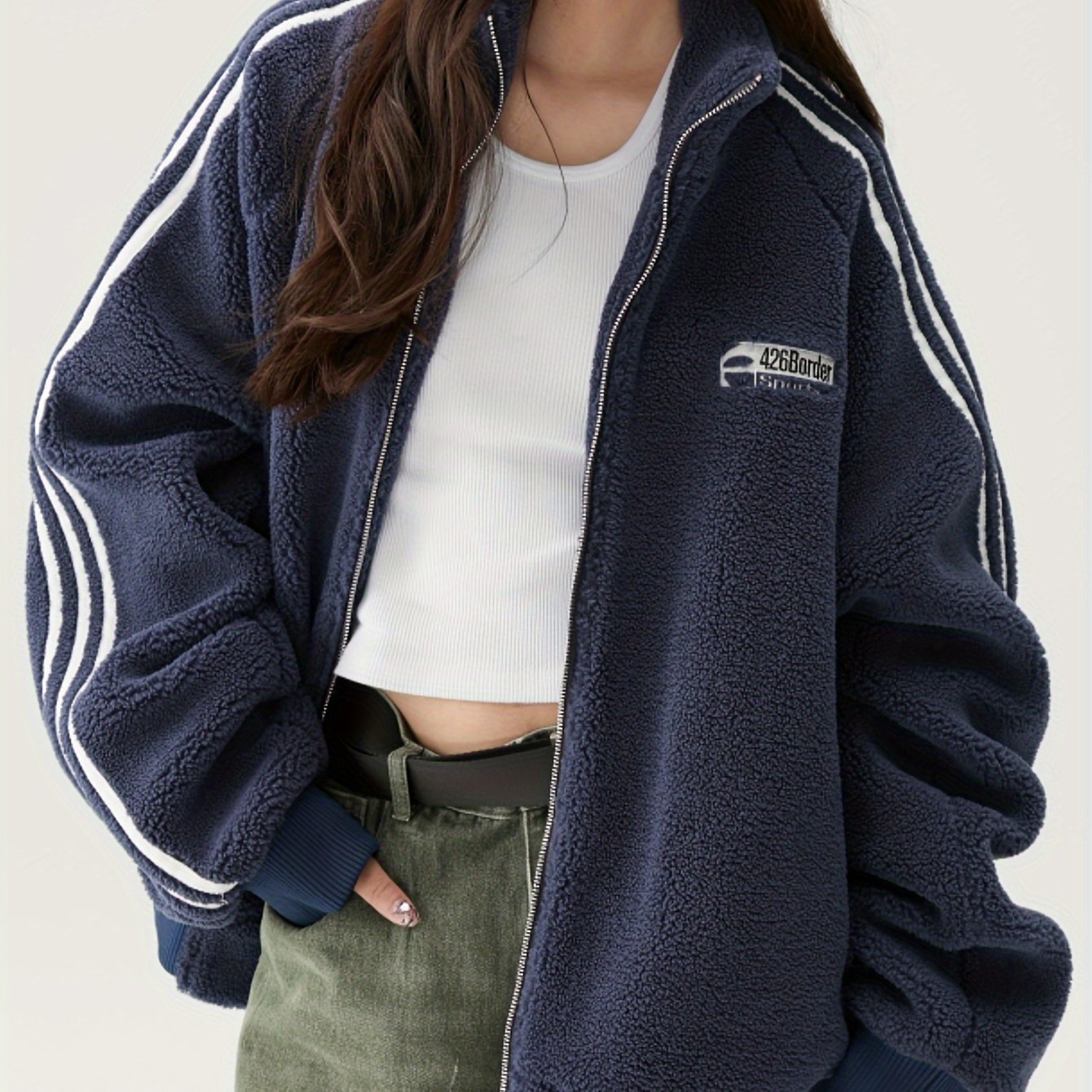 Graphic Stand up Collar Teddy Coat Zip Front Jacket