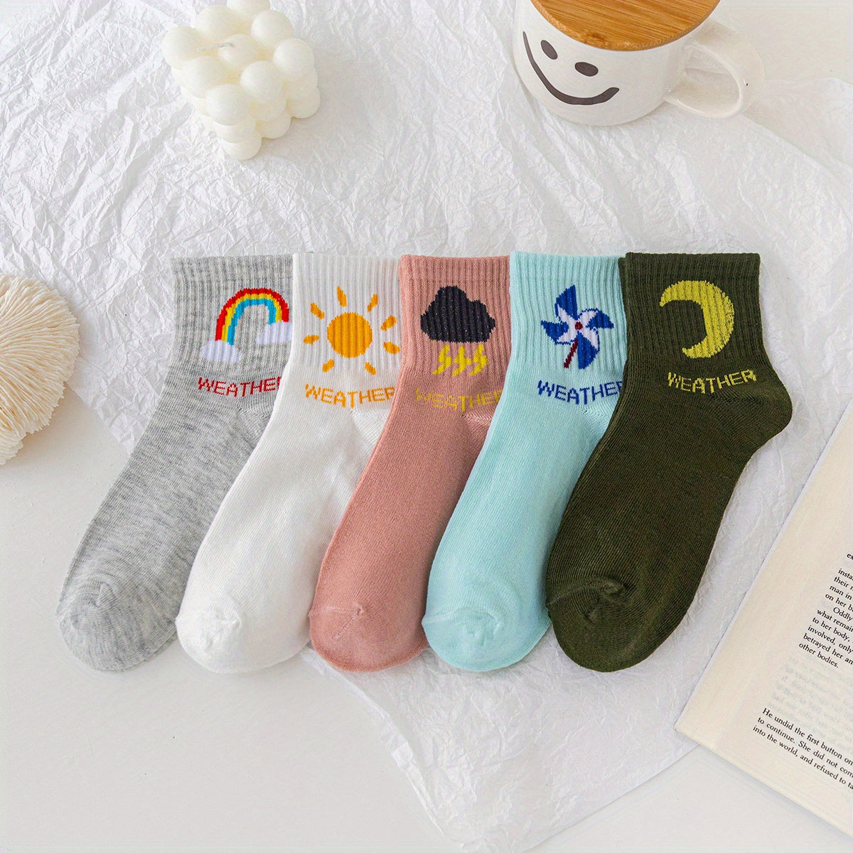 5 Pairs Cartoon Weather Print Socks Women's Mid Tube Stockings