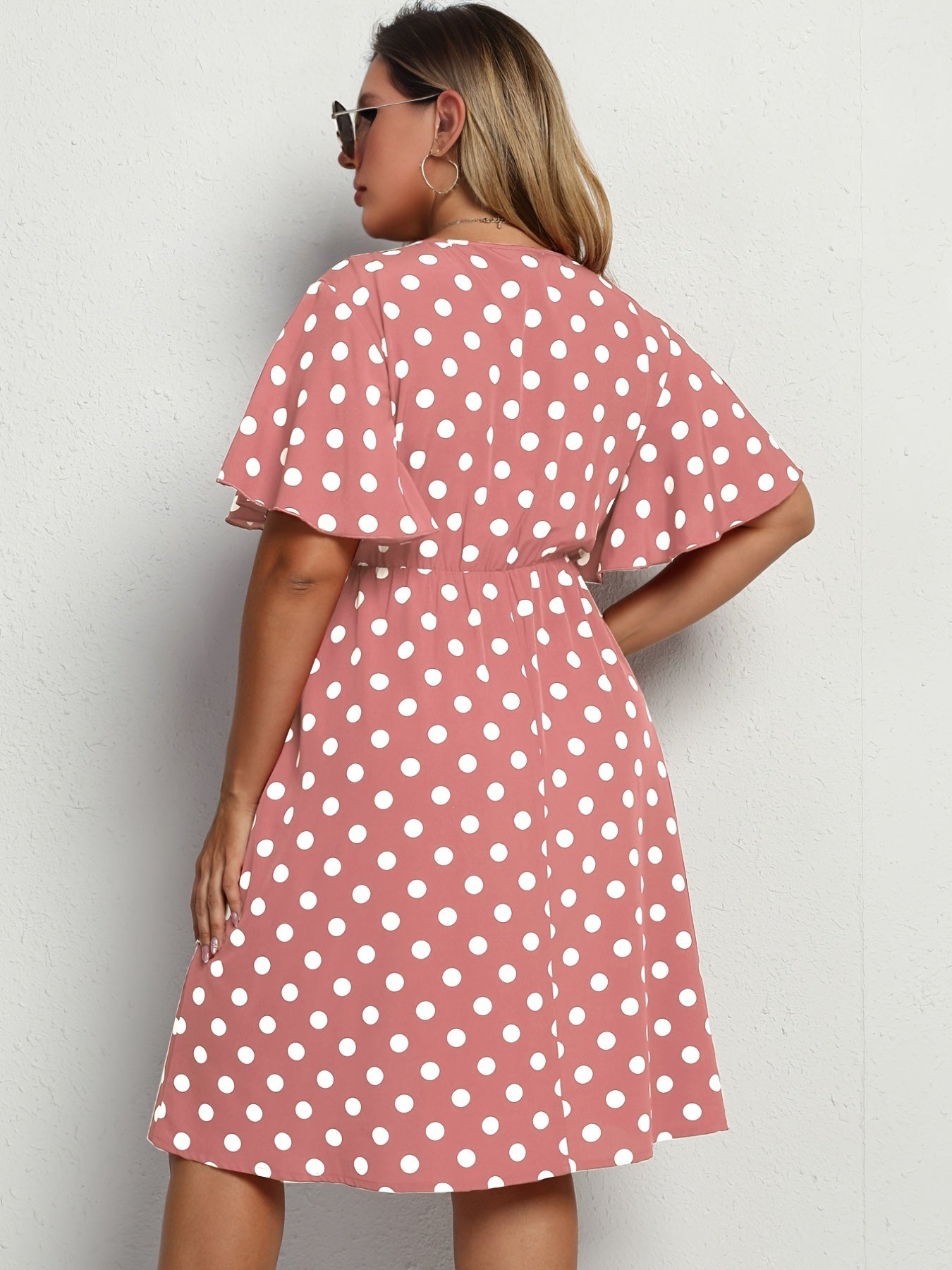  Dot Print Layered Bell Sleeve V Neck Midi Dress Women's Plus