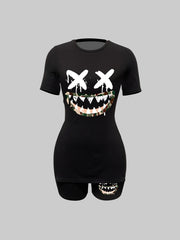 Cartoon Print Two Piece Set Short Sleeve Crew Neck Casual T Shirt & Shorts