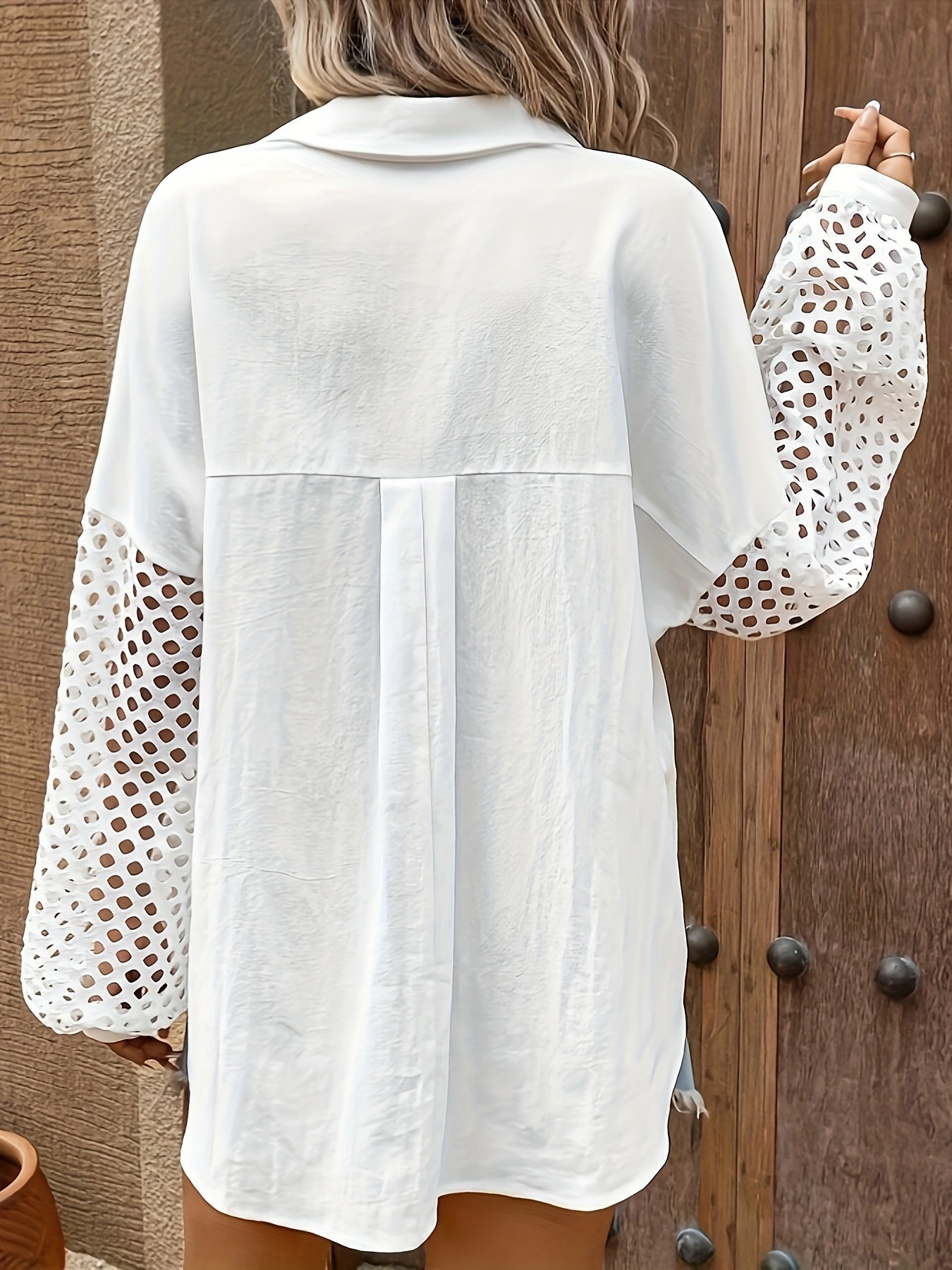  Mesh Hollow Out Button Up Collar Shir
