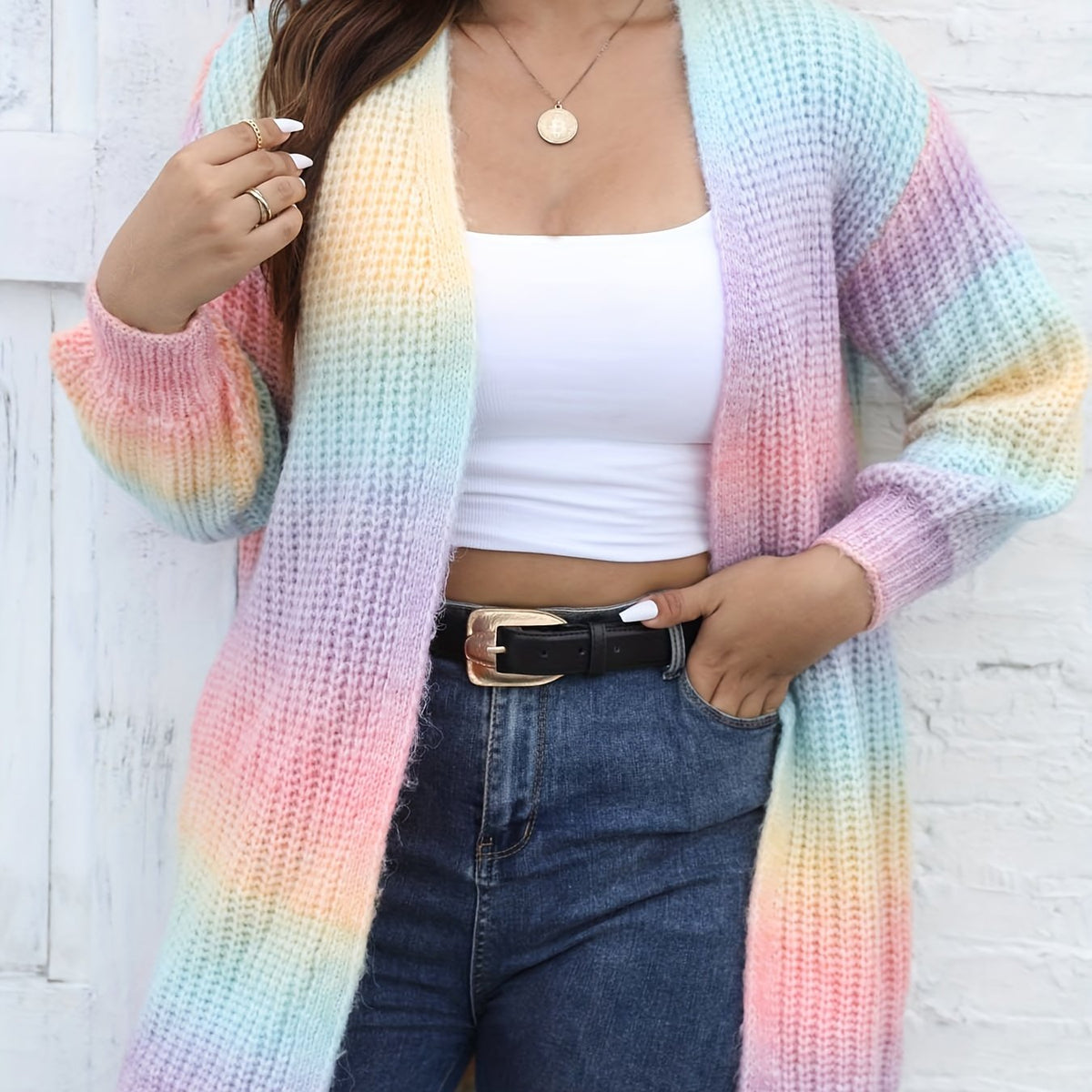  Rainbow Ombre Print Knit Cardigan