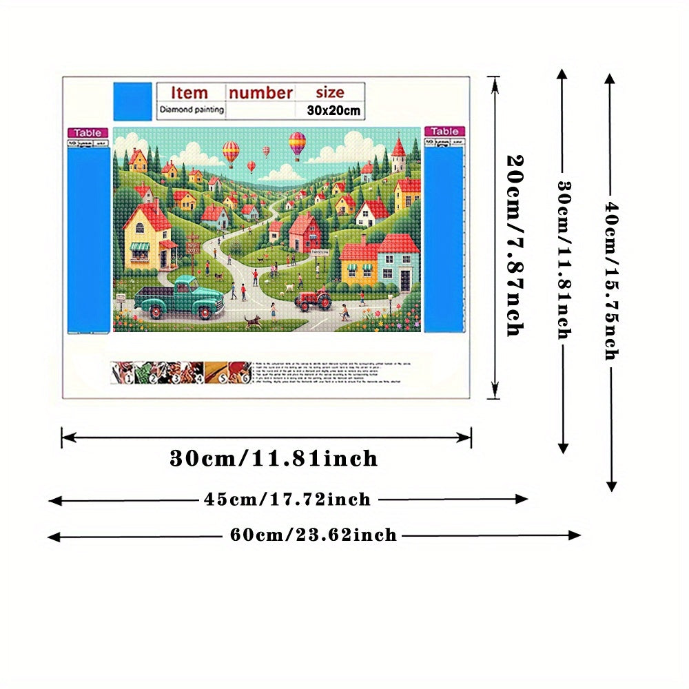 5D Diamond Painting Kit Colorful Village Scene with Hot Air Balloons