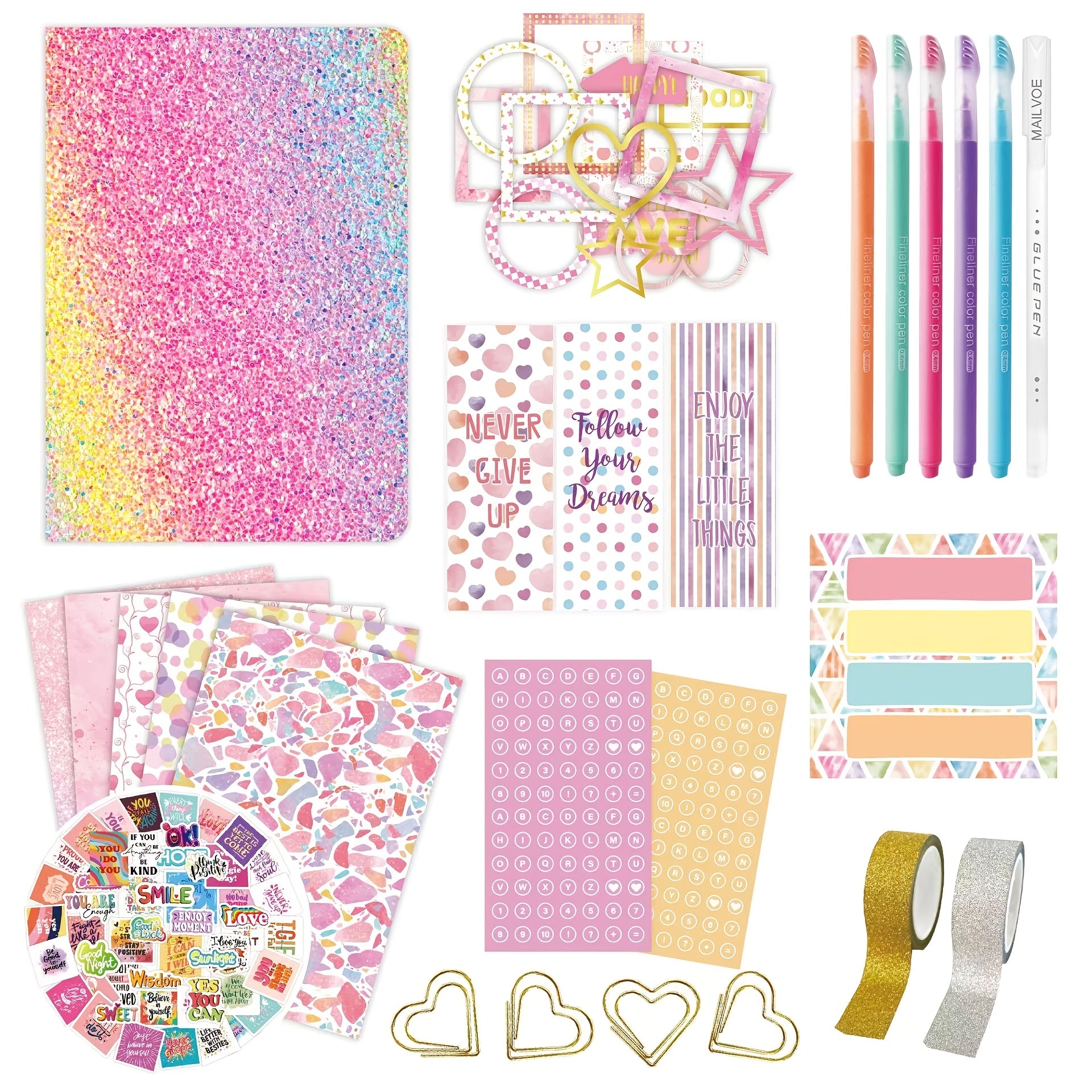 91pcs Girls' DIY Journal Kit Pink Glitter Cover Writing Set