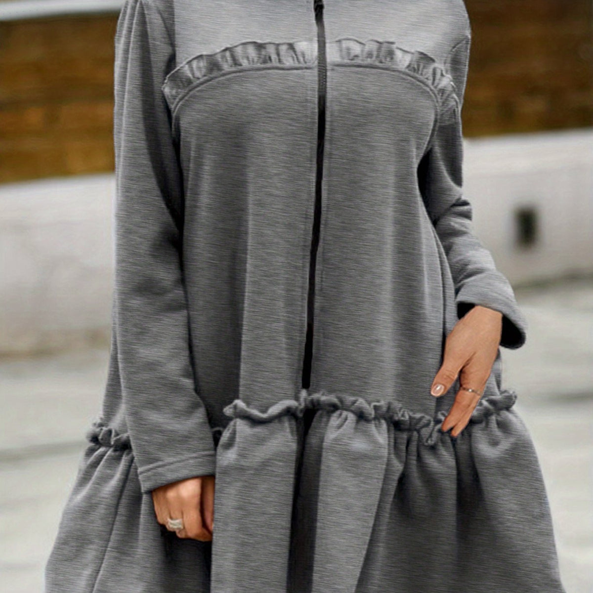 Flared Ruffle Trim Hoodies Zip Up Sweatshirt