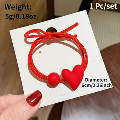 Red Hair Tie Bow Heart Decor Hair Rope Elastic Ponytail Holder