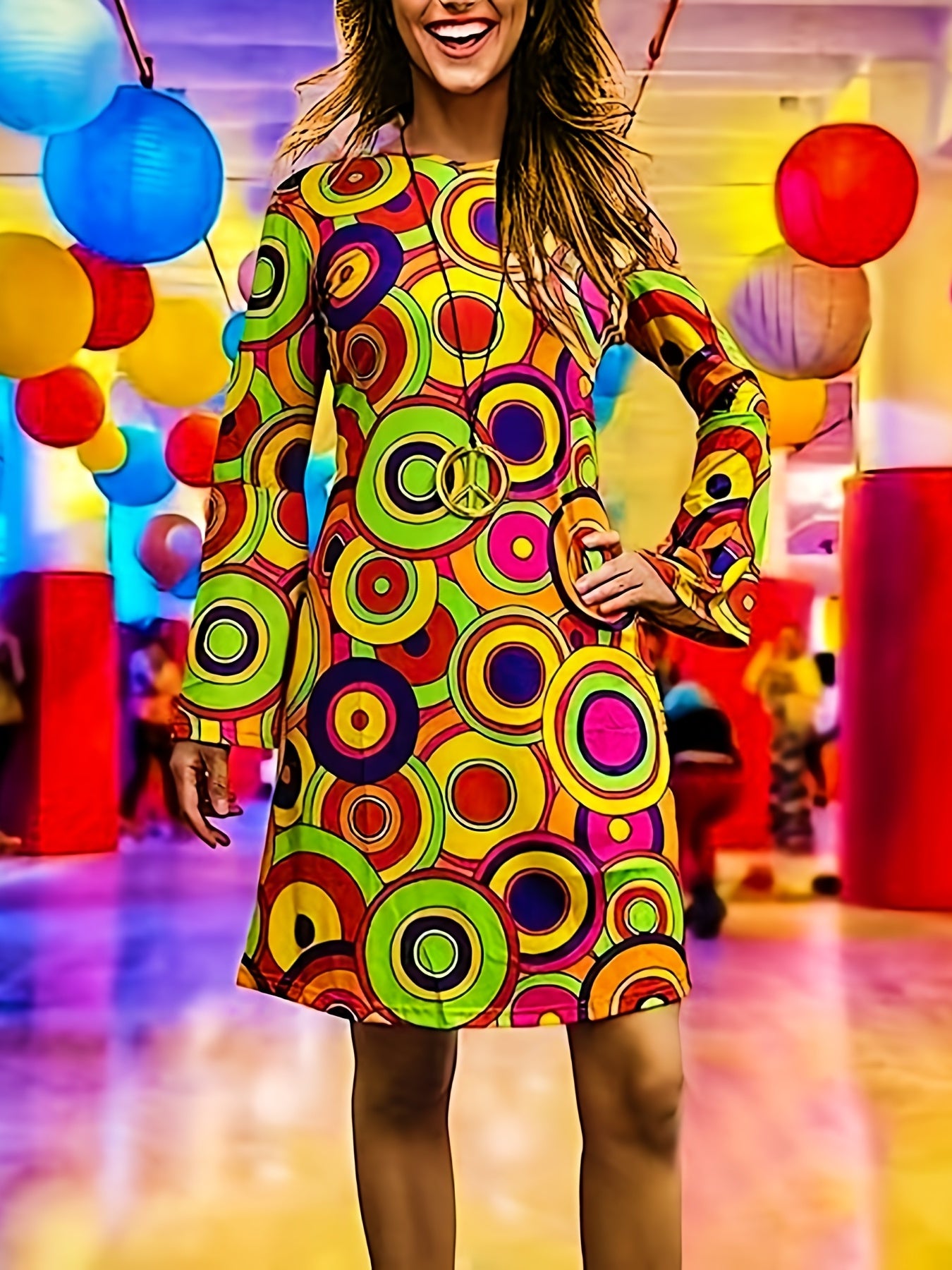 Hippie Halloween Cosplay Dress Long Sleeve Random Print Party Dress