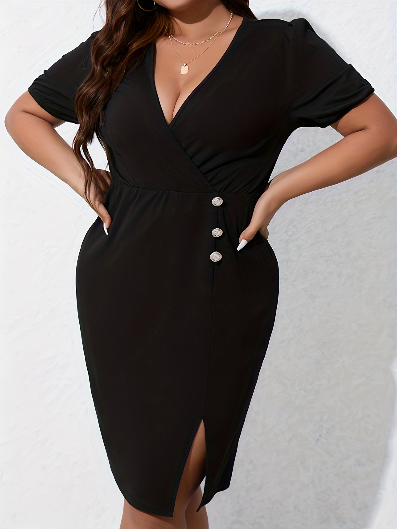  Women's Solid Button Decor Puff Sleeve Midi Dress