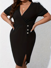  Women's Solid Button Decor Puff Sleeve Midi Dress