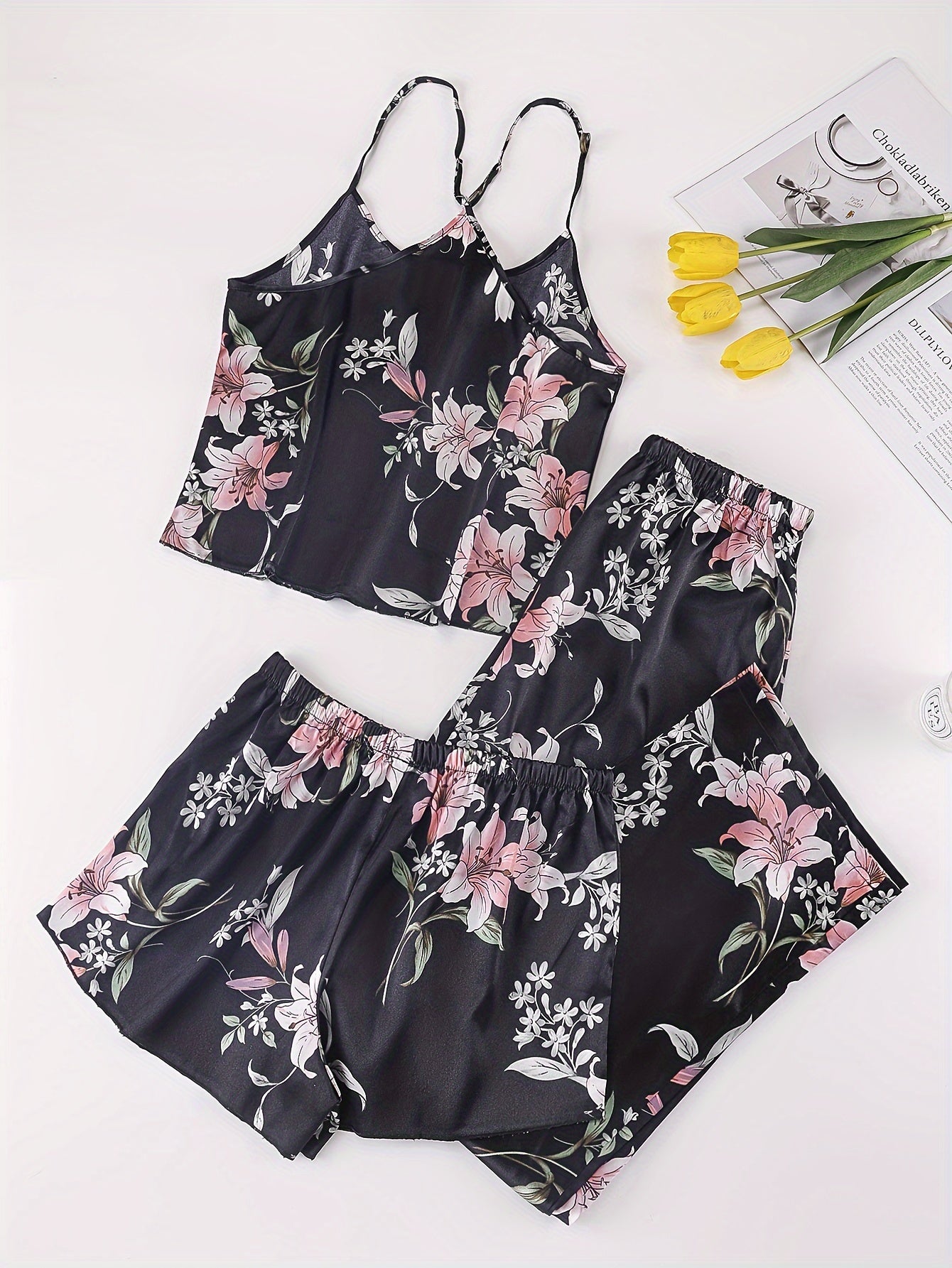 Floral Print Pajama Set Cami Top & Shorts & Pants