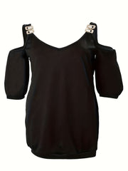  Cold Shoulder V Neck Stretch Mini Dress