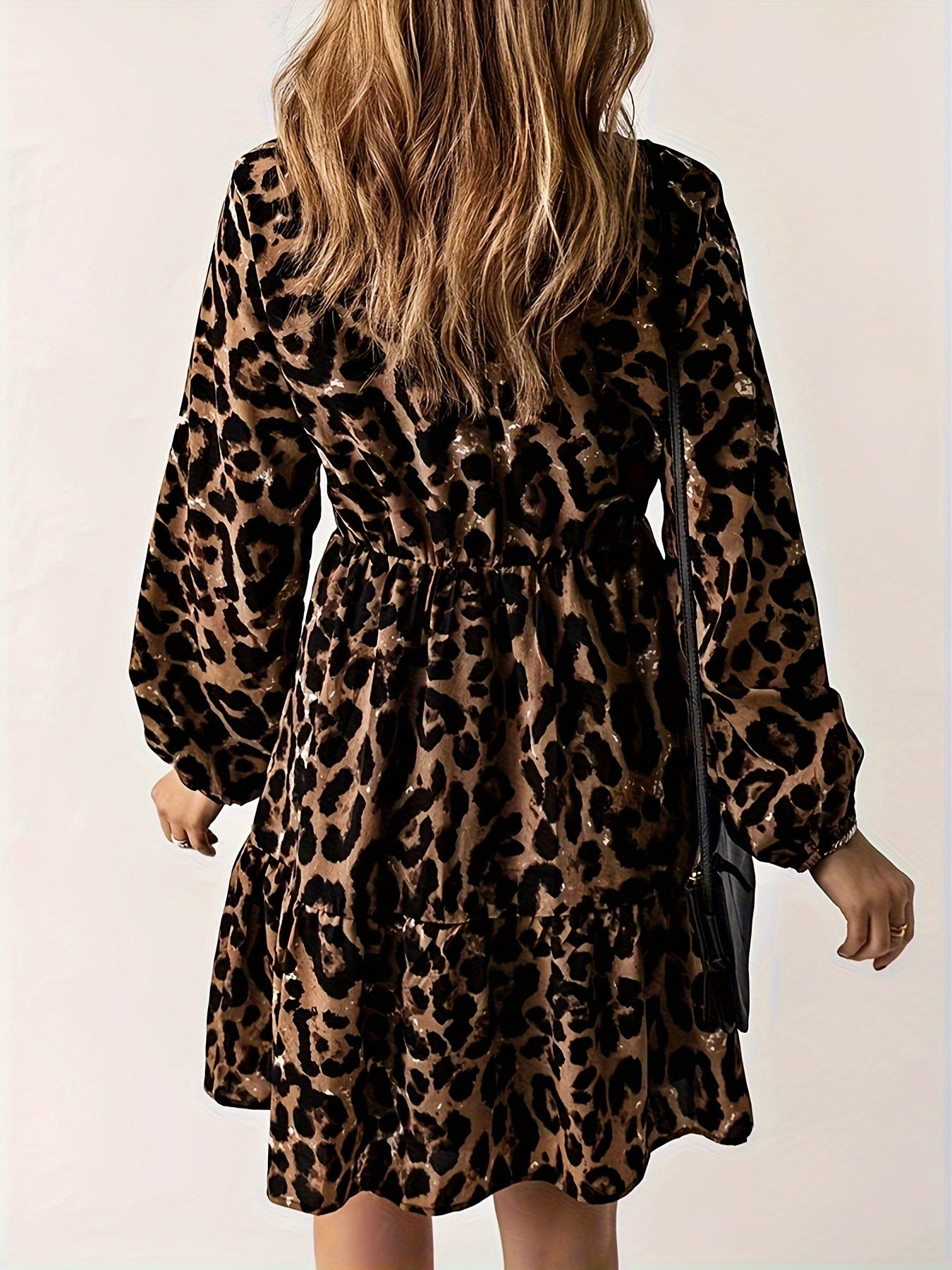  Leopard Print V Neck Smock Dress