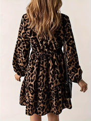  Leopard Print V Neck Smock Dress