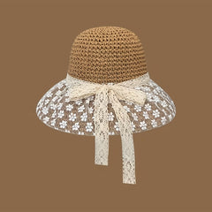 Lace Flower Brim Sun Hat Ribbon Bowknot Straw Hat