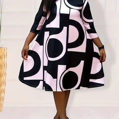  Geometric Print Half Sleeve Loose Fit Dress